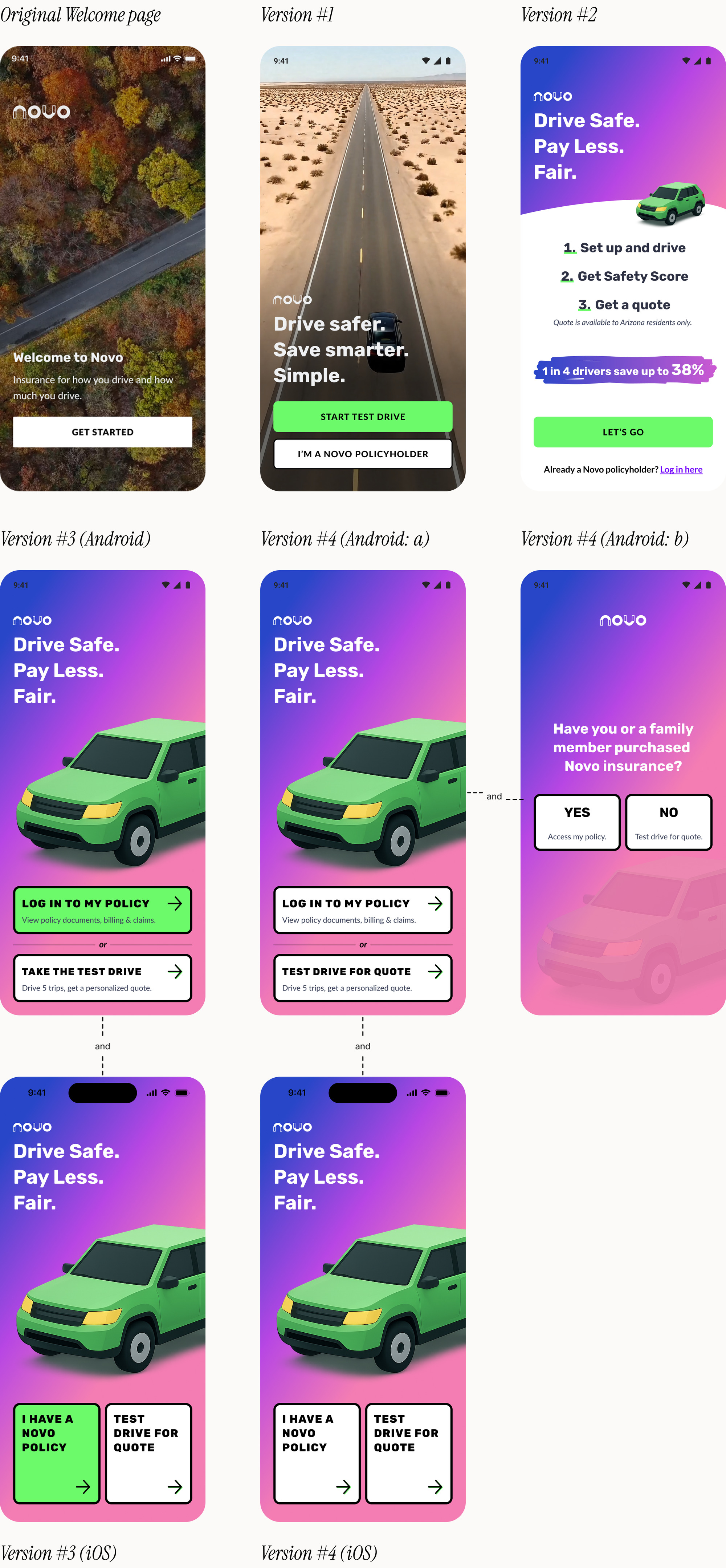 The SafeStart welcome page from the original through versions 1 to 4, on Android and iOS