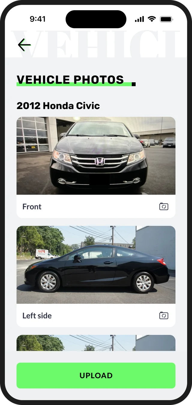 Vehicle Photos review screen listing the front and left side photos above an Upload button